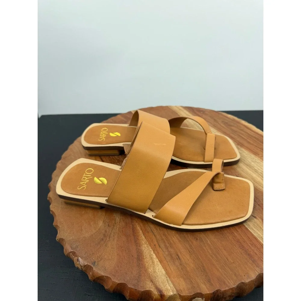 Sarto Ediana Sandals Women 7M Tan Leather Square Toe Loop Flat Slide Shoes